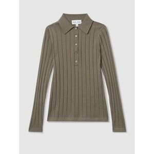 $240 REISS Les 100 Ciels Victoria Ribbed Wool and Silk Polo Shirt in Dark Mink S